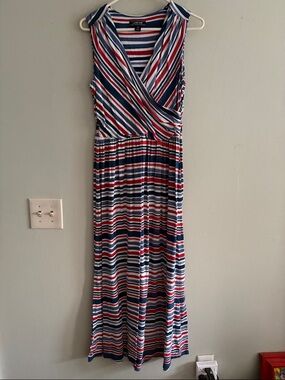 Lands end Red, Navy & White Striped Sleeveless Maxi Dress SP
